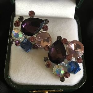 Rhinestone Vintage Crystal Multi Colored Earrings Purple Pink Blue